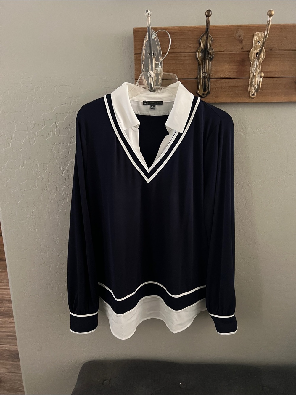 Adrianna Papell Navy and White V-Neck Layered Blouse